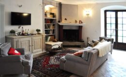 Cozy living room featuring a modern design with a flat-screen TV, a bookshelf filled with books, and a comfortable seating area with gray sofas and decorative pillows. A fireplace adds warmth to the space, complemented by natural light from large windows.