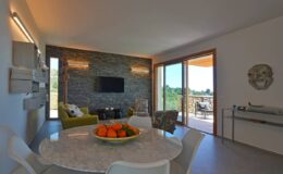Modern living room with a stone accent wall, featuring a flat-screen TV, a green sofa, and a round marble dining table with a bowl of oranges. Large windows provide natural light and scenic outdoor views.