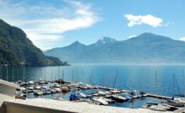 Scenic view of a tranquil lake surrounded by mountains, featuring a marina filled with boats and clear blue skies. Ideal for nature lovers and travel enthusiasts.