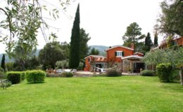 Scenic view of a rustic orange house surrounded by lush green grass and trees, showcasing a peaceful outdoor space with garden elements.