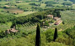 Aerial view of a picturesque Tuscan landscape featuring rolling hills, olive groves, and rustic farmhouses surrounded by lush greenery. The scene captures the serene beauty of the countryside with cypress trees lining the foreground.