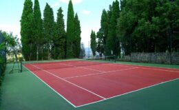 Red clay tennis court surrounded by tall green trees and a scenic landscape, ideal for outdoor sports and recreation.