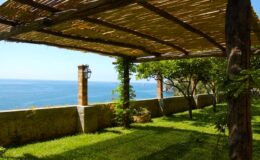 Scenic view of a pergola with a thatched roof overlooking the ocean, surrounded by lush greenery and a well-maintained lawn. Ideal for outdoor relaxation and enjoying coastal scenery.
