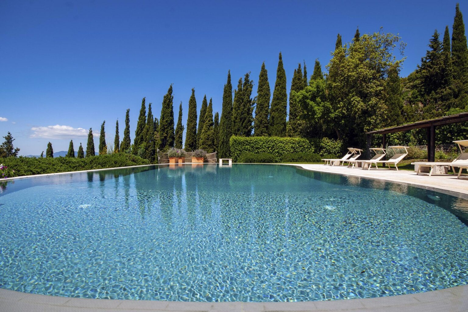 Serene outdoor swimming pool surrounded by lush greenery and tall cypress trees under a clear blue sky, perfect for relaxation and leisure in a tranquil setting. | Only on SopranoVillas