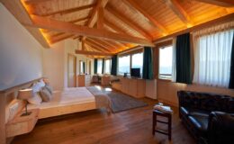 Spacious and modern bedroom with wooden beams, large windows, and comfortable furnishings, featuring a bed, a leather armchair, and warm lighting, ideal for relaxation and scenic views.