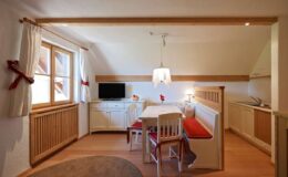 Cozy kitchen and dining area in a modern alpine-style apartment featuring wooden accents, a light fixture, a dining table with white chairs, and a compact kitchenette. Bright natural light streams through a window adorned with curtains.