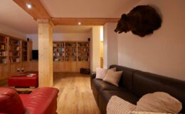 Cozy living room featuring a leather sofa, red accent chair, wooden bookshelves, and a bear mount on the wall, illuminated by soft lighting.