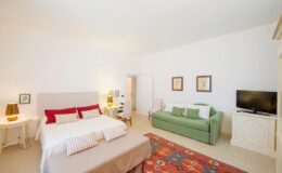 Spacious hotel room featuring a comfortable double bed with red and white accents, a green sofa, a flat-screen TV, and decorative artwork on the walls, complemented by a colorful area rug.