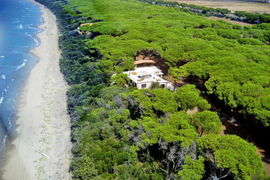 Aerial view of a coastal landscape featuring a sandy beach on the left and a lush green forest on the right, with a white house nestled among the trees. | Only on SopranoVillas