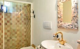 Modern bathroom featuring a glass shower enclosure, decorative tiled walls, a stylish sink with a vintage-style faucet, and a unique mirror framed with seashells.