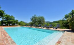 Beautiful outdoor swimming pool surrounded by lush greenery and sun loungers under a clear blue sky, perfect for relaxation and leisure.