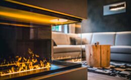 Modern living room featuring a sleek glass fireplace with a warm flame, complemented by a cozy sofa and a wooden coffee table, creating a stylish and inviting atmosphere.
