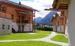 Scenic view of modern alpine chalets with wooden facades set against a backdrop of mountains and a vibrant green lawn, featuring winding paths and a serene landscape.