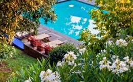 Lush garden surrounding a serene swimming pool with lounge chairs, vibrant flowers, and greenery, ideal for relaxation and outdoor enjoyment.