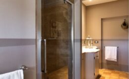 Modern bathroom featuring a glass shower enclosure, minimalist design, and elegant fixtures, with a vanity and towels neatly arranged.