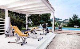 Outdoor home gym with exercise equipment, including a weight bench and cardio machines, overlooking a swimming pool and landscaped garden.