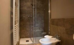 Modern bathroom featuring a glass shower enclosure, sleek tile walls, a white toilet, and a towel radiator, showcasing a contemporary design and efficient use of space.
