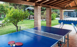 Outdoor game area featuring a blue ping pong table with paddles and a foosball table, surrounded by a lush garden and rustic columns.