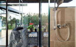 Modern bathroom design featuring a stylish shower with a sleek chrome showerhead, natural stone basin, and large glass panels that provide a view of greenery outside.