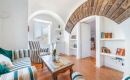 Cozy living room with striped sofas, a wooden coffee table, and shelves filled with books, featuring an arched wooden ceiling and bright natural light from large windows.