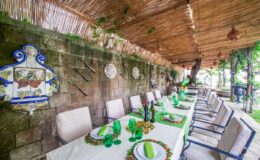 Outdoor dining area featuring a long table set with green tableware and decorative plates, surrounded by lush greenery and a thatched roof, ideal for gatherings and events.