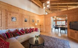 Cozy living room featuring wooden paneling, a plush sofa with colorful cushions, and a modern coffee table, with a view into a dining area illuminated by natural light.
