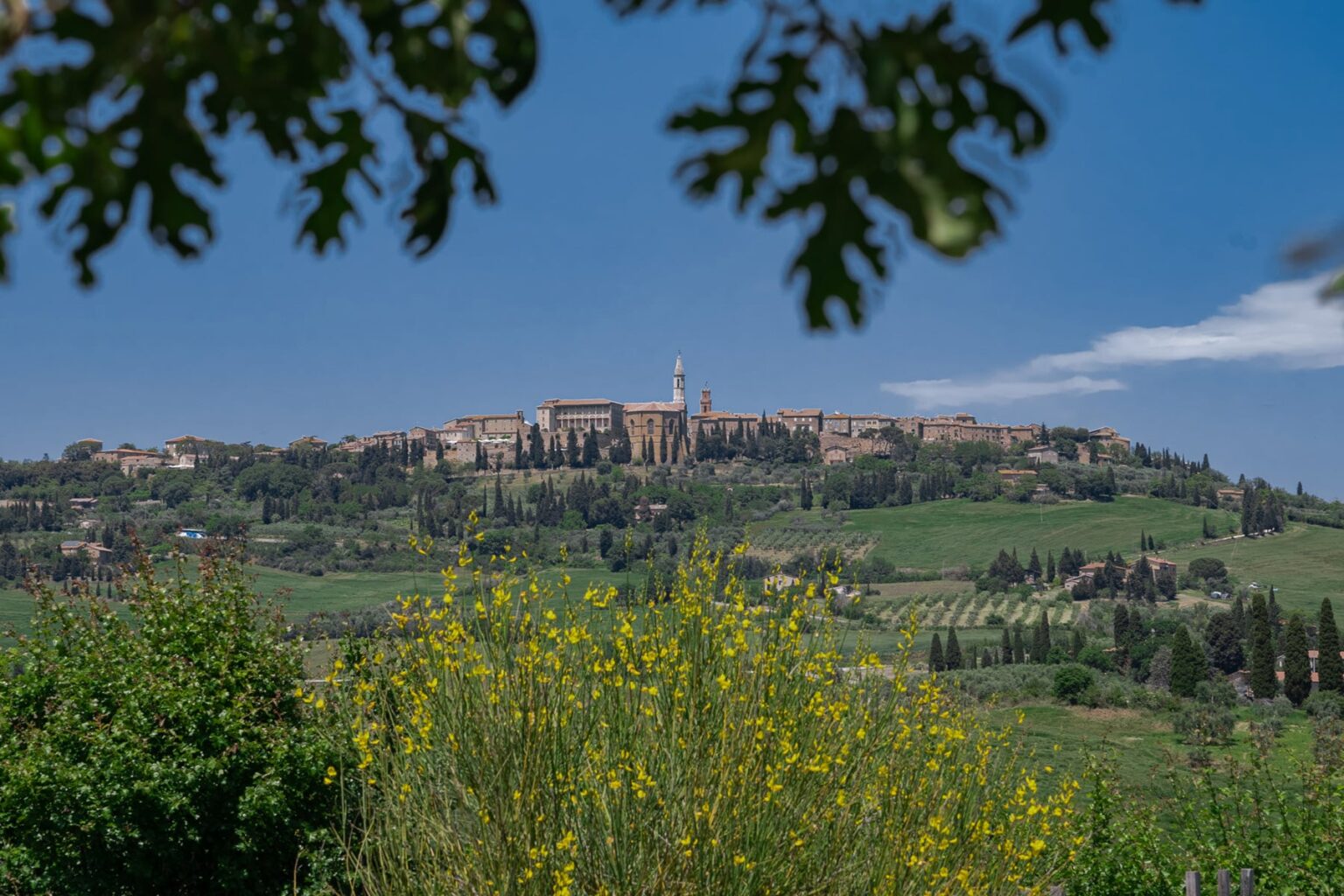 Scenic view of a historic hilltop town surrounded by lush green fields and blooming wildflowers under a clear blue sky. | Only on SopranoVillas