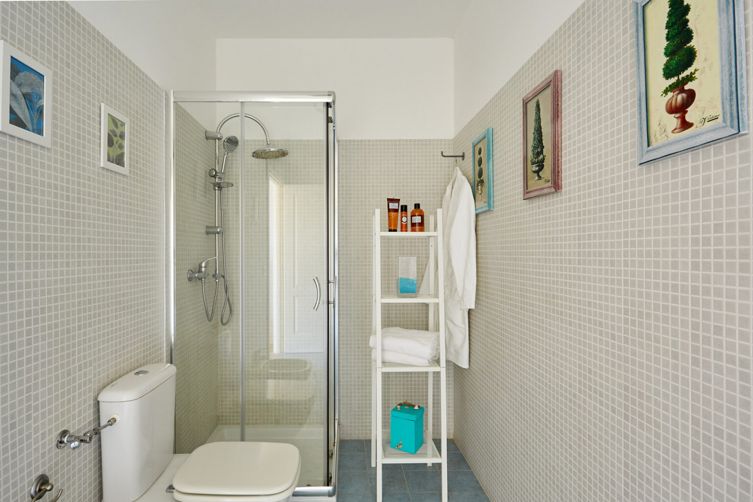 Modern bathroom featuring a glass shower enclosure, tiled walls, and a minimalist design. Shelving unit displays toiletries and towels, complemented by decorative wall art. | Only on SopranoVillas