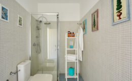 Modern bathroom featuring a glass shower enclosure, tiled walls, and a minimalist design. Shelving unit displays toiletries and towels, complemented by decorative wall art.