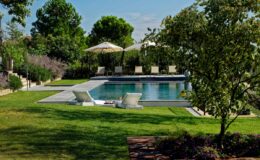 Luxurious backyard pool area featuring a sparkling blue swimming pool surrounded by lounge chairs and umbrellas, lush green grass, and well-maintained landscaping, ideal for relaxation and outdoor gatherings.