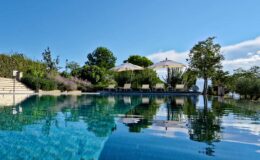 Luxurious outdoor swimming pool surrounded by lush greenery and sun loungers, featuring shaded umbrellas under a clear blue sky, creating a serene and inviting atmosphere.