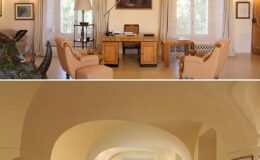 Elegant interior design featuring a well-furnished office space with two armchairs, a wooden desk, and large windows allowing natural light. The lower section showcases a spacious hallway with arched ceilings and soft lighting, highlighting the architectural details.
