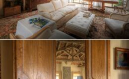 Cozy living room featuring a plush white sofa, elegant coffee table, and large windows allowing natural light, alongside a rustic wooden door leading to a beautifully designed interior space with traditional decor.