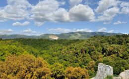 Scenic view of lush green hills and forests under a partly cloudy sky, highlighting the natural beauty of the landscape.