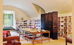 Interior view of a cozy library featuring wooden tables, bookshelves filled with colorful books, and large windows allowing natural light. The space has an inviting atmosphere, perfect for reading and studying.