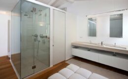 Modern bathroom featuring a glass shower enclosure, double vanity with sleek sinks, and large mirrors, complemented by wooden flooring for a contemporary look.
