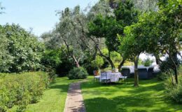 Lush garden pathway leading to a dining area surrounded by olive and fruit trees, ideal for outdoor gatherings and relaxation.