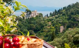 Scenic view of lush green hills and distant mountains overlooking a serene lake, with a basket of fresh cherries and pastries in the foreground, capturing a tranquil summer landscape.