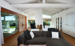 Modern living room with high ceilings, featuring a stylish sofa with black and white cushions, large glass windows offering a view of the outdoors, and wooden flooring.