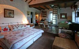 Cozy rustic bedroom and living area featuring a double bed with decorative pillows, wooden beams, and a ladder leading to a loft. The space includes a dining table, comfortable seating, and warm lighting, creating an inviting atmosphere.