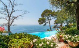 Scenic view of a tranquil infinity pool surrounded by lush greenery and colorful flowers, overlooking a serene ocean landscape under a clear blue sky. Ideal for relaxation and luxury living.