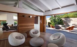 Modern living room with stylish round chairs, wooden accents, and large windows showcasing an outdoor patio and lush greenery.