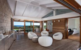 Modern living room with a panoramic view, featuring white circular chairs, wooden flooring, and large glass doors leading to an outdoor space. Natural light illuminates the room, highlighting the contemporary design and stone accents.