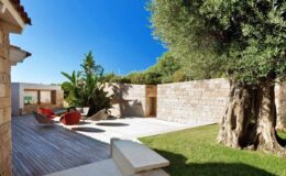 Modern outdoor living space featuring a stone wall, lush greenery, and stylish seating area with red chairs under a clear blue sky. Ideal for relaxation and entertaining in a serene environment.