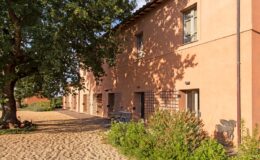 Exterior view of a rustic, pink-hued building surrounded by greenery and a sandy pathway, showcasing a peaceful rural setting.