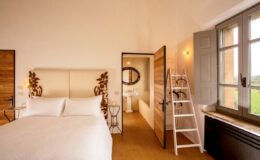 Modern bedroom interior featuring a comfortable bed with decorative headboard, a stylish ladder, and large windows allowing natural light. The design combines rustic elements with contemporary decor, creating a warm and inviting atmosphere.