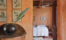 Cozy interior view of a warm-toned bedroom featuring a wooden entrance, decorative bird artwork on the walls, and a stylish vase with greenery on a side table. The inviting atmosphere highlights rustic charm and comfort.