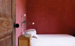 Cozy bedroom with a warm red wall, featuring a wooden door, a neatly made bed with white linens, and a bedside table with a vase of tulips.