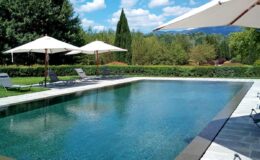 Serene outdoor swimming pool surrounded by lush greenery, with lounge chairs and umbrellas providing shade, under a bright blue sky. Ideal for relaxation and leisure activities.