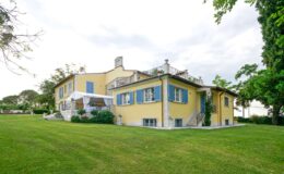 Charming yellow villa with blue shutters, surrounded by lush green grass and trees, featuring a spacious outdoor area and a cloudy sky backdrop. Ideal for vacation rentals or family gatherings.